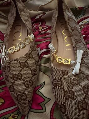 Gucci Brown Monogram GG Canvas Pointed Toe Flats with Gold Logo